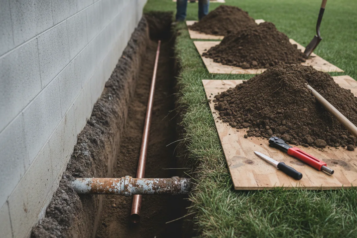 Excavated water line trench during Sewer Line Repair in Sumiton